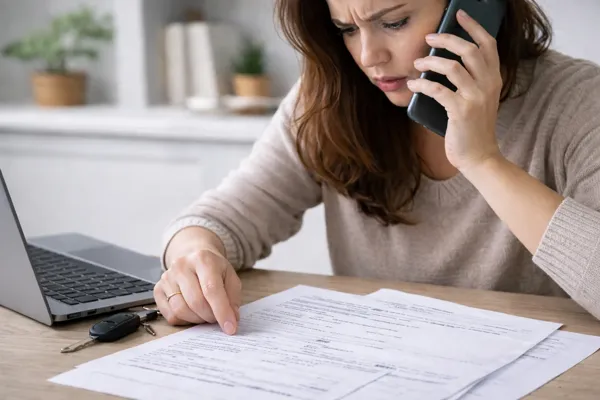 Femeie analizând facturi și vorbind la telefon într-o situație financiară urgentă