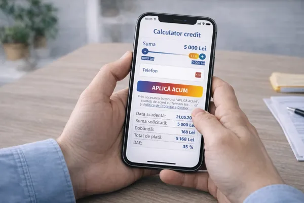 Persoană folosind un calculator de credit online pentru a estima rata unui împrumut