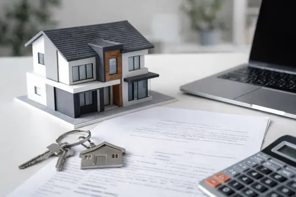 Concept de credit ipotecar cu model de casă modernă, contract de ipotecă și chei pe masă