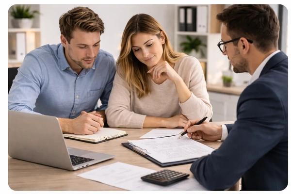 Consultant financiar discutând cu un cuplu despre planificarea financiară și gestionarea bugetului personal