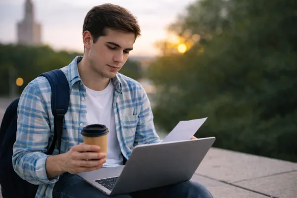 Student folosind laptopul în campus universitar, ilustrând posibilitatea obținerii unui credit pentru studenți în România