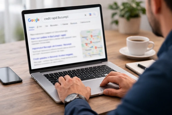 Bărbat căutând online informații despre credit rapid în București pe laptop