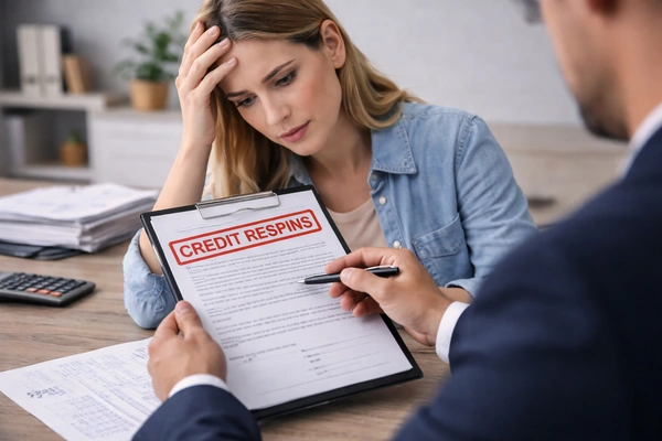 Persoană discutând cu un consultant financiar despre obținerea unui credit cu istoric negativ și analizând o cerere de împrumut respinsă.