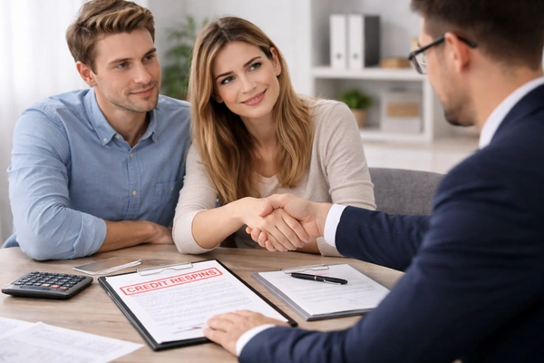 Cuplu discutând cu un consultant financiar despre posibilitatea obținerii unui credit pentru datornici și analizând documente financiare.