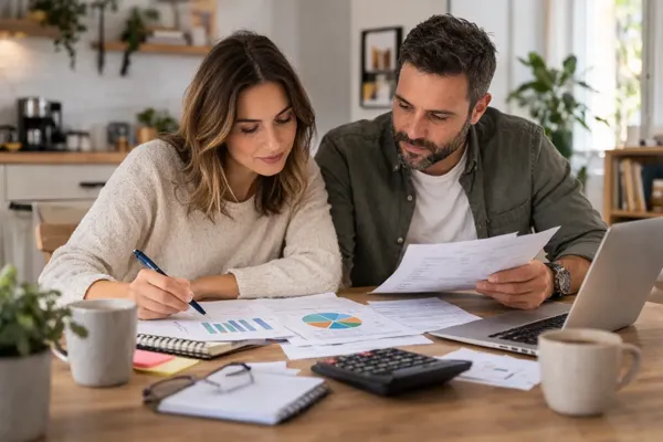 Cuplu care planifică idei pentru o mică afacere de familie folosind laptopul și notițe