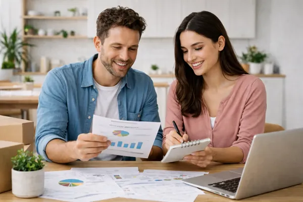 Cuplu care analizează bugetul personal și de familie folosind laptopul și documente financiare