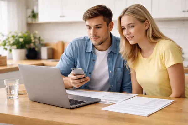 Cuplu tânăr analizând documente financiare și folosind laptopul pentru a aplica la un credit online în rate oferit de o instituție financiară nebancară