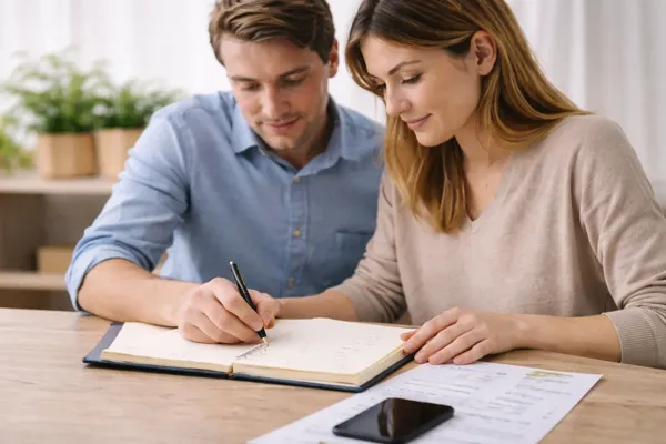 Cuplu planificând bugetul familiei pentru a strânge bani și a economisi pentru obiective financiare