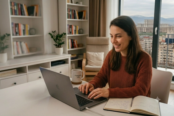 O femeie lucrează pe laptop de acasă, având pe monitorul secundar site-ul oficial Hora Credit.